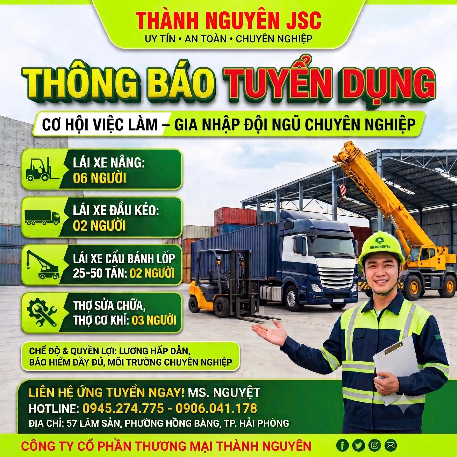 Thông báo tuyển dụng lái xe nâng, lái xe cẩu bánh lốp, lái xe đầu kéo và thợ sửa chữa Thành Nguyên JSC 2026 Thông báo tuyển dụng lái xe nâng, lái xe cẩu bánh lốp, lái xe đầu kéo và thợ sửa chữa Thành Nguyên JSC 2026
