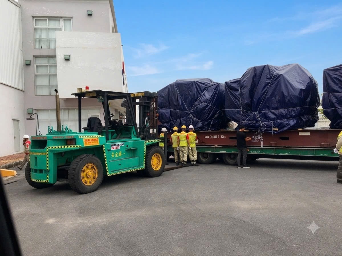 xe nâng hạ thấp khung nâng luồn máy tiện CNC DOOSAN qua cửa cuốn vào xưởng tại KCN Việt Hàn Bắc Giang 2 - ASIA-APPOLO xe nâng hạ thấp khung nâng luồn máy tiện CNC DOOSAN qua cửa cuốn vào xưởng tại KCN Việt Hàn Bắc Giang 2 - ASIA-APPOLO