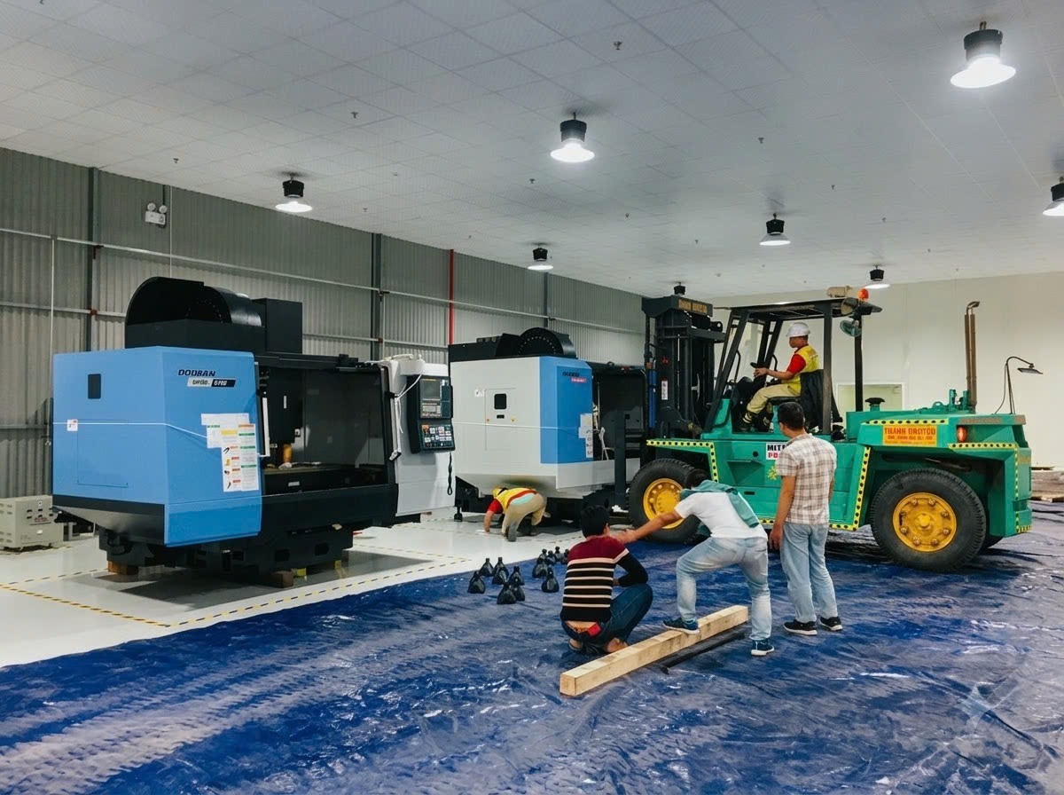 hạ đặt và cân chỉnh thăng bằng máy tiện CNC DOOSAN trên sàn bạt bảo vệ epoxy tại KCN Việt Hàn Bắc Giang 2 - ASIA-APPOLO hạ đặt và cân chỉnh thăng bằng máy tiện CNC DOOSAN trên sàn bạt bảo vệ epoxy tại KCN Việt Hàn Bắc Giang 2 - ASIA-APPOLO