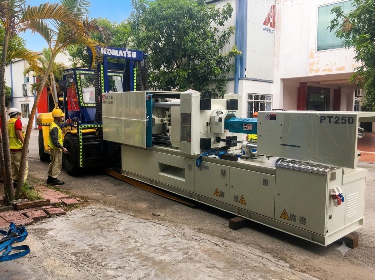 xe nâng Komatsu và Mitsubishi luồn càng nối nâng gầm máy LK Potenza PT250 tại KCN Hòa Phú Bắc Giang 2 - ASIA-APPOLO xe nâng Komatsu và Mitsubishi luồn càng nối nâng gầm máy LK Potenza PT250 tại KCN Hòa Phú Bắc Giang 2 - ASIA-APPOLO